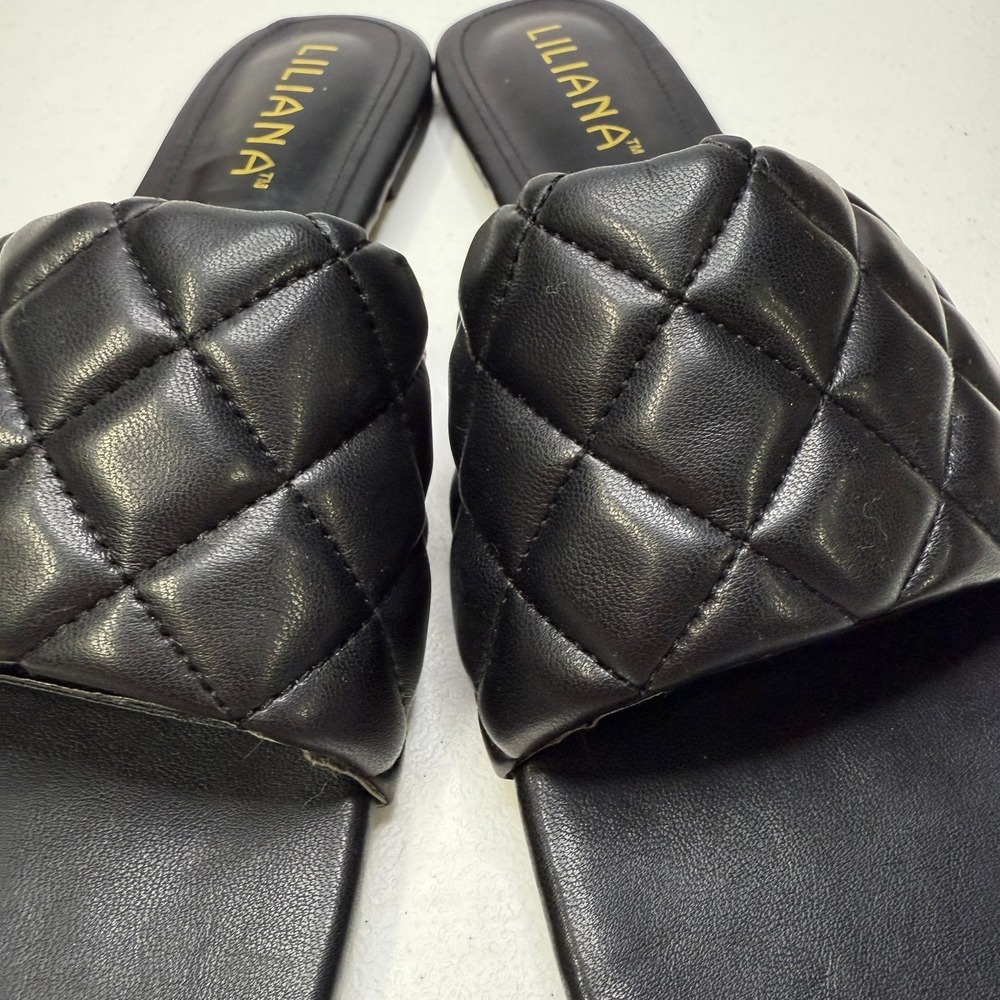 Liliana Black Quilted Puffy Square Toe Flat Slide Sandals Womens 7.5 modern - Picture 7 of 7